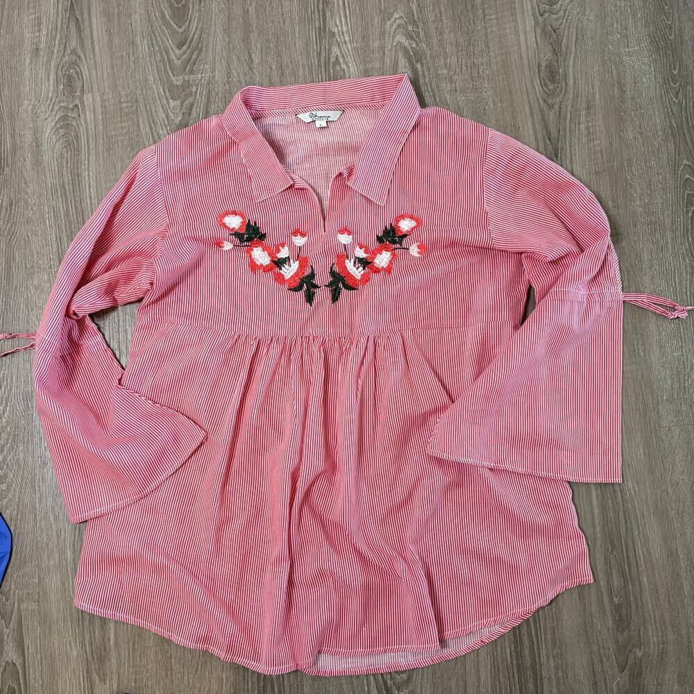 Bhama Couture Embroidered Floral Stripe Tunic Top L Boho Bell Sleeve​​​